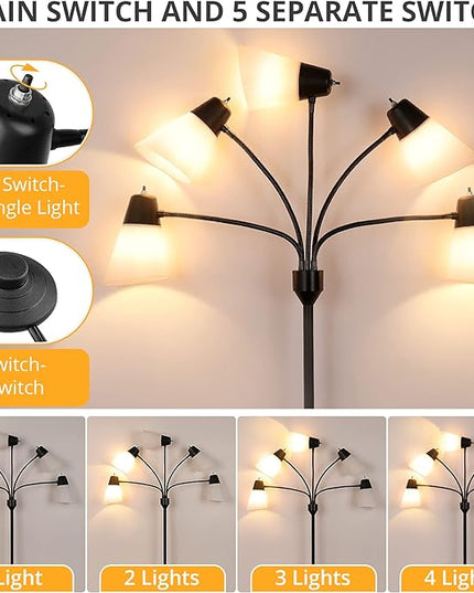 FOLKSMATE LED Floor Lamp, Medusa Multi Head Modern Tall, Rustic Adjustable Gooseneck Reading Standing Light for Living/Kids Room, Bedroom, Black - LeafyLoom