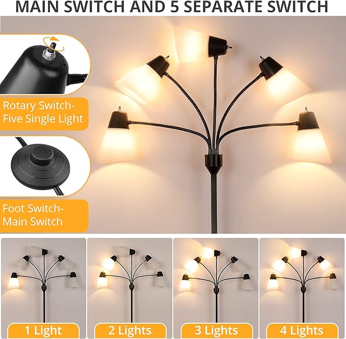 FOLKSMATE LED Floor Lamp, Medusa Multi Head Modern Tall, Rustic Adjustable Gooseneck Reading Standing Light for Living/Kids Room, Bedroom, Black - LeafyLoom
