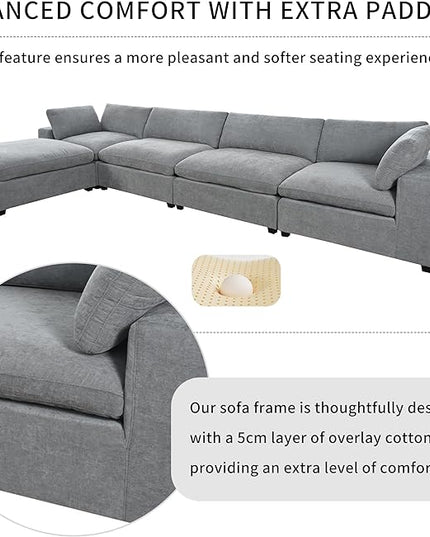 176.4 inch Oversized Sectional Sofa with Removable Ottoman, 5-Seater L Shaped Modular Corner Couch for Living Room, Office, Spacious Space, Grey - LeafyLoom