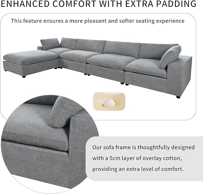 176.4 inch Oversized Sectional Sofa with Removable Ottoman, 5-Seater L Shaped Modular Corner Couch for Living Room, Office, Spacious Space, Grey - LeafyLoom