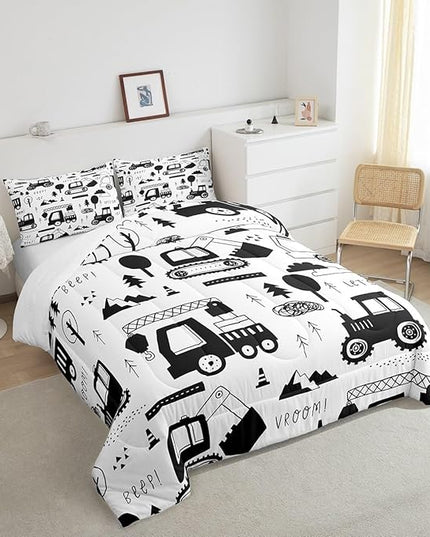 Construction Bedding Set Full Size Equipment Trucks Comforter Set for Kids Boys Girls Decor Cartoon Car Excavator Tractor Comforter Black White Duvet Set Bedroom Quilt Set - LeafyLoom