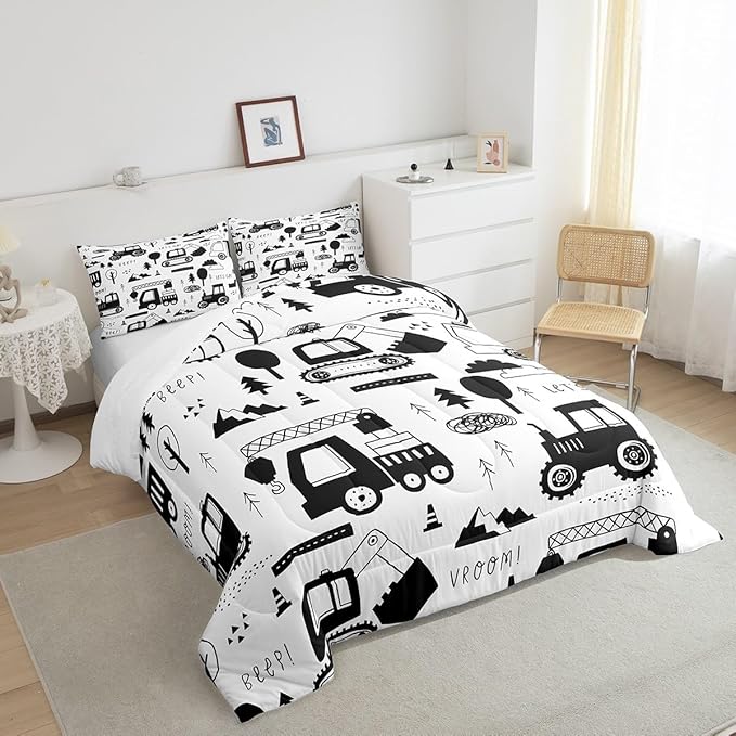 Construction Bedding Set Full Size Equipment Trucks Comforter Set for Kids Boys Girls Decor Cartoon Car Excavator Tractor Comforter Black White Duvet Set Bedroom Quilt Set - LeafyLoom