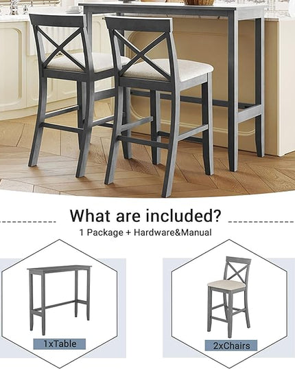 Farmhouse Style Rectangular Breakfast Nook with 2 Chairs, Solid Wood Multifunctional Bar Room, Kitchen, Small Place, 3 Piece Dining Table Set, Gray 6 - LeafyLoom