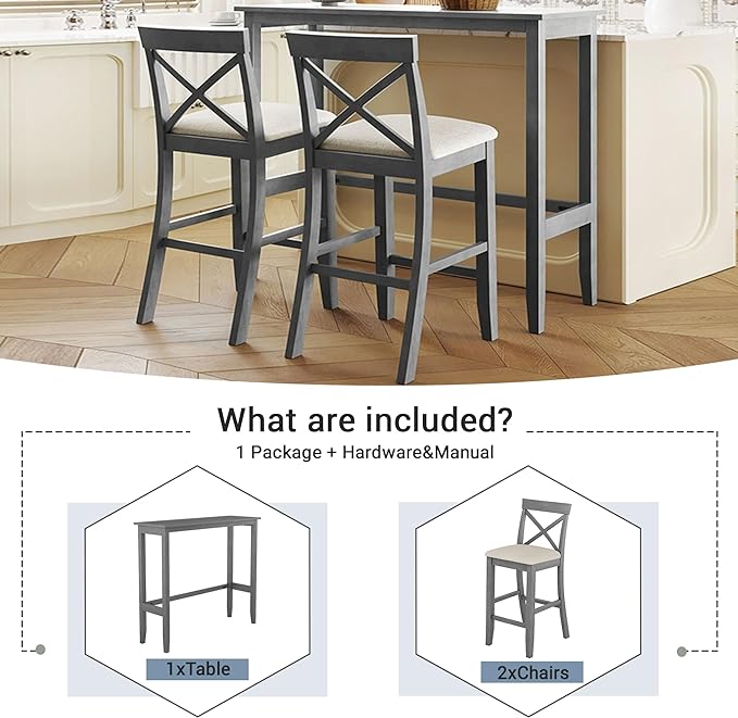 Farmhouse Style Rectangular Breakfast Nook with 2 Chairs, Solid Wood Multifunctional Bar Room, Kitchen, Small Place, 3 Piece Dining Table Set, Gray 6 - LeafyLoom