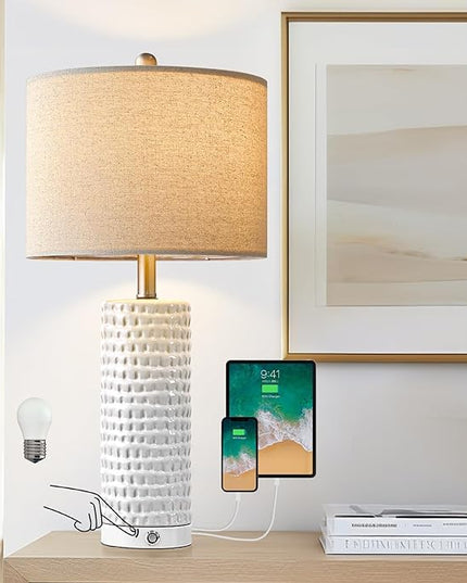 PORTRES 24" Bedside Lamps Table Lamp for Bedroom, 3-Way Dimmable Touch Nightstand Lamp, Farmhouse Ceramic White Lamp for Living Room End Table Lamps with USB C+A Ports (1 Pack) - LeafyLoom
