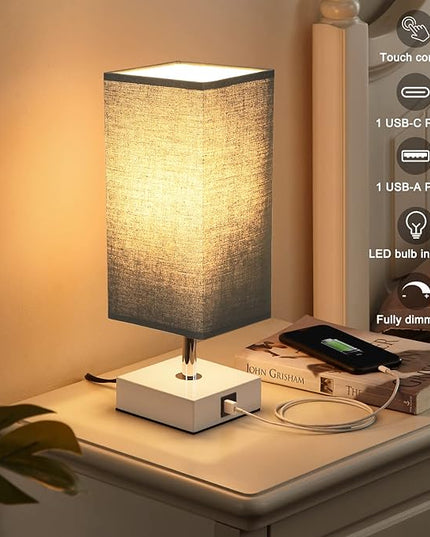 Ambimall Black Lamp with USB Ports - 3 Way Touch Lamps Beside Desk, Nightstand Lamp for Bedrooms Living Room, Black Shade with White Base, LED Bulb Included(Black) - LeafyLoom