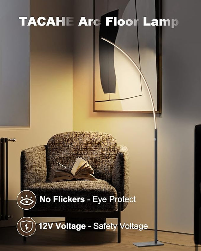 TACAHE Arc Corner Floor Lamp - 3000K Warm White & 3 Brightness Presets - Curved LED Accent Lamp with Touch Switch - 63" Modern Standing Lamp for Bedroom, Living Room - 12W - Black - LeafyLoom