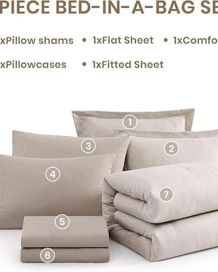 Monbix Full Size Comforter Set, Oatmeal Bedding Comforter for Full Size Bed Set Reversible, Bedding Sets Full 7 Pieces, Cationic Dyeing Bed in a Bag with Comforter, Sheets, Pillowcases & Shams - LeafyLoom