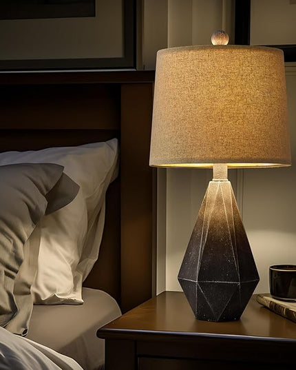 PoKat 20.25" Rustic Farmhouse Table Lamp Sets of 2 for Living Room Bedroom Deep Grey Contemporary Classic Bedside Nightstand Lamp with White Fabric Shade - LeafyLoom