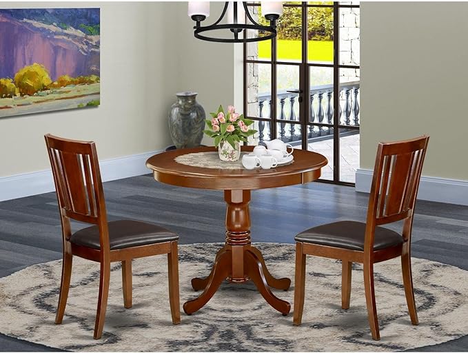 East West Furniture ANDU3-MAH-LC Antique 3 Piece Room Furniture Set Contains a Round Dining Table with Pedestal and 2 Faux Leather Upholstered Chairs, 36x36 Inch, Mahogany - LeafyLoom
