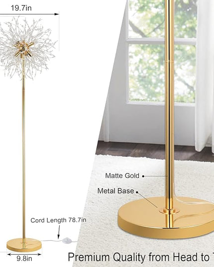 69 inch Crystal Floor Lamp, Modern Standing Lamp with K9 Crystal, LED Floor Lamp with On/Off Foot Switch, Metal Tall Pole Lamp for Living Room, Girls Room, Bedroom, Dresser, Office, Gold Finish - LeafyLoom