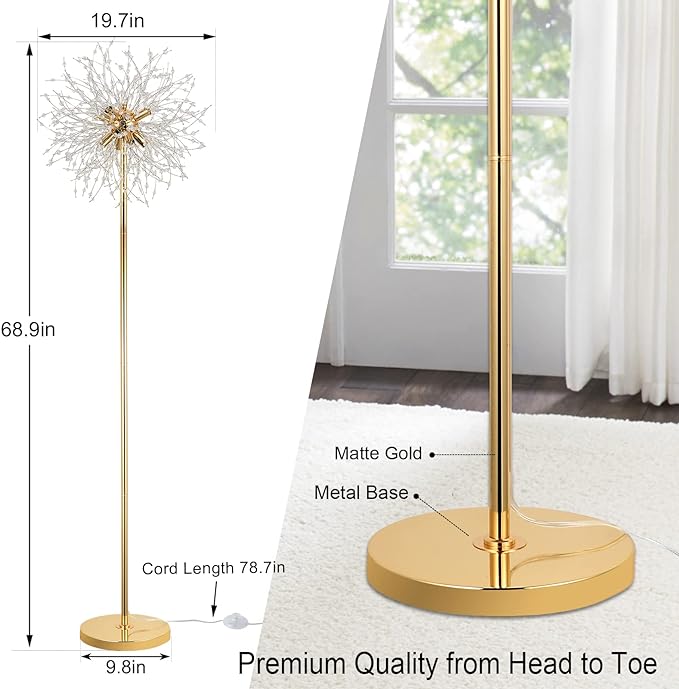 69 inch Crystal Floor Lamp, Modern Standing Lamp with K9 Crystal, LED Floor Lamp with On/Off Foot Switch, Metal Tall Pole Lamp for Living Room, Girls Room, Bedroom, Dresser, Office, Gold Finish - LeafyLoom
