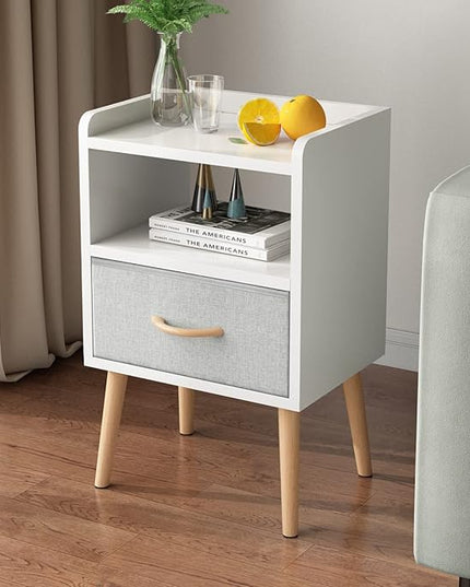 LUCKNOCK NightStand with Fabric Drawer, Bedside Table with Solid Wood Legs, Minimalist and Practical End Side Table with Open Storage Shelf for Bedroom, White. - LeafyLoom