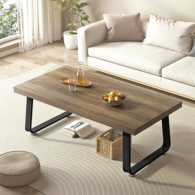 HSH Wood Coffee Table, Farmhouse Minimalist Center Table, Industrial Wooden and Metal Legs Living Room Table, Modern Simple Rectangular Cocktail Tea Table for Bedroom Home Office, Rustic Oak, 47 Inch - LeafyLoom