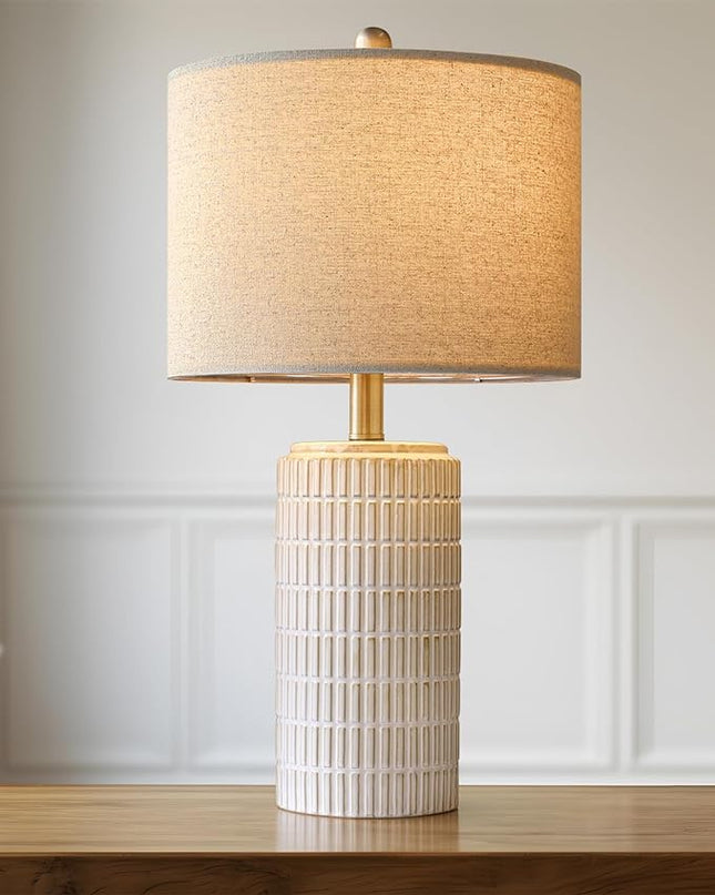 PoKat 23'' Bedside Table Lamp for Bedroom Nightstand - Ceramic Lamp for Living Room, White Night Stand Light Lamp with Round Linen Shade, Modern Bedroom Lamp Beige - LeafyLoom