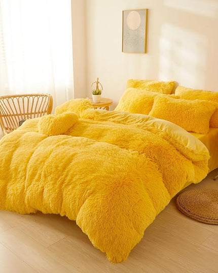 FOPPA Yellow Plush Fluffy Comforter Cover Set Queen - Ultra Soft Faux Fur Yellow Bedding Sets 3 Pieces (1 Shaggy Duvet Cover + 2 Pillow case) Fuzzy Bed Set (Yellow, Queen) - LeafyLoom