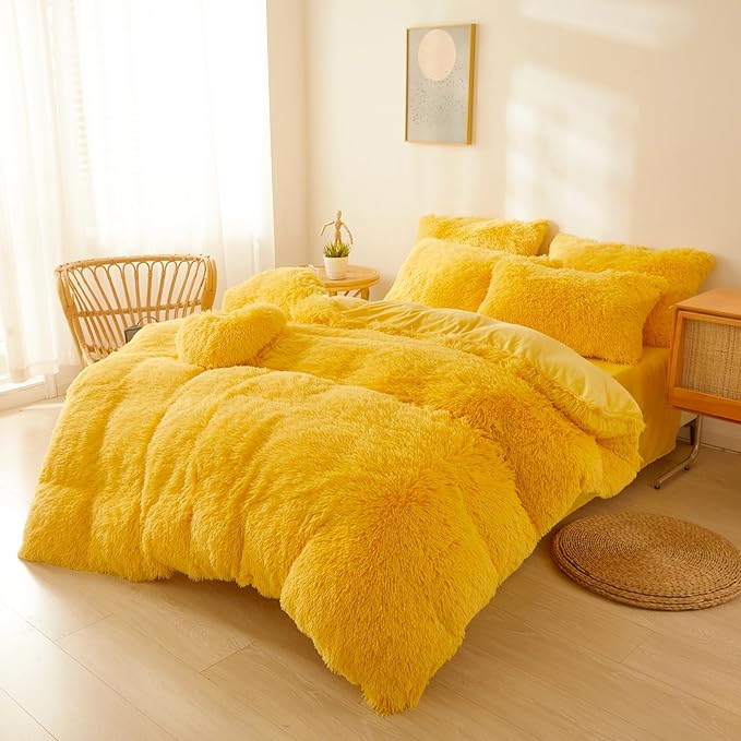 FOPPA Yellow Plush Fluffy Comforter Cover Set Queen - Ultra Soft Faux Fur Yellow Bedding Sets 3 Pieces (1 Shaggy Duvet Cover + 2 Pillow case) Fuzzy Bed Set (Yellow, Queen) - LeafyLoom