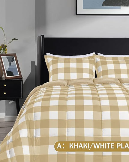 downluxe Lightweight Plaid Comforter Set (King) with 2 Pillow Sham - 3-Piece Set - Khaki/White Plaid - Down Alternative Reversible Comforter - LeafyLoom