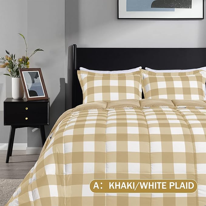 downluxe Lightweight Plaid Comforter Set (King) with 2 Pillow Sham - 3-Piece Set - Khaki/White Plaid - Down Alternative Reversible Comforter - LeafyLoom