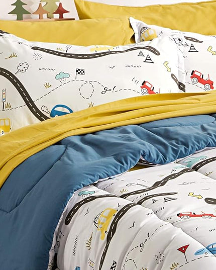 SLEEP ZONE Kids Twin Bedding Comforter Set - Super Cute & Soft Kids Bedding 5 Pieces Set with Comforter, Sheet, Pillowcase & Sham (Car Road) - LeafyLoom