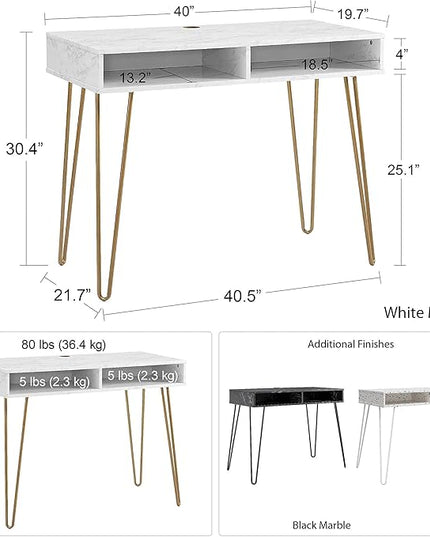 Novogratz Athena Computer Desk with Storage, White Marble - LeafyLoom