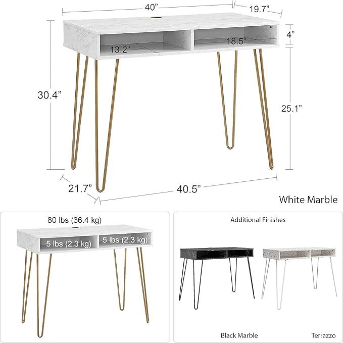 Novogratz Athena Computer Desk with Storage, White Marble - LeafyLoom