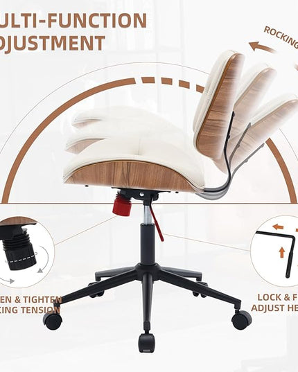 Armless Home Office Chair Modern Walnut Chair with Wheels Mid Back Swivel Computer Chair No arm Adjustable Height Leather Desk Chair for Reading,Meeting Room (Beige) - LeafyLoom