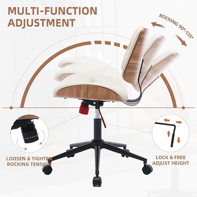 Armless Home Office Chair Modern Walnut Chair with Wheels Mid Back Swivel Computer Chair No arm Adjustable Height Leather Desk Chair for Reading,Meeting Room (Beige) - LeafyLoom