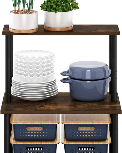 Furinno Turn-N-Tube 3-Tier Toolless Kitchen Storage Shelf, Amber Pine/Black - LeafyLoom