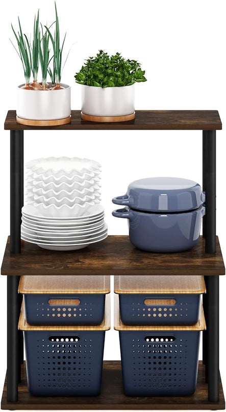 Furinno Turn-N-Tube 3-Tier Toolless Kitchen Storage Shelf, Amber Pine/Black - LeafyLoom