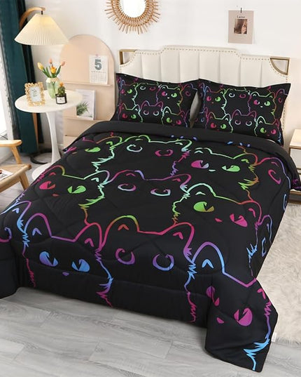 ENCOFT Kids Bedding Set Cat Comforter Set Full for Girls and Boys 3 Piece Cartoon Bed Set Black Comfortable and Breathable All Season for Teens and Adults Room Decor with 1 Comforter and 2 Pillowcases - LeafyLoom