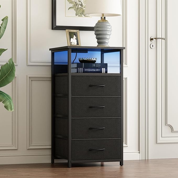 Fixwal Night Stand with Charging Station, LED Dresser for Bedroom Tall Nightstand with USB Ports and Outlets, 4 Fabric Storage Drawers with PU Finish, Bed Side Table, Black - LeafyLoom