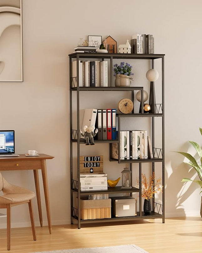 Gizoon 71” Industrial Bookshelves for Storage, Tall Display Etagere 8-Shelves for Bedroom, Metal Frame Staggered Bookcases for Bedroom, Living Room, Home Office, Black - LeafyLoom