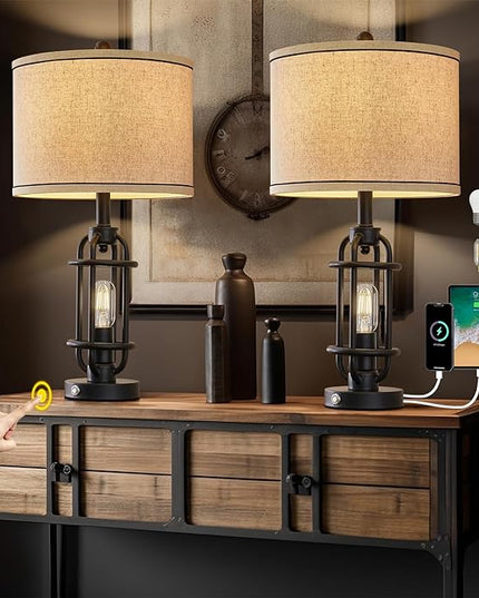 Industrial Black Metal Table Lamps Living Room 23.75'' Lamp for Nightstand Set of 2 Bedside End Lamp Home Decor Touch Lamp Modern Lamps with USB Ports - LeafyLoom
