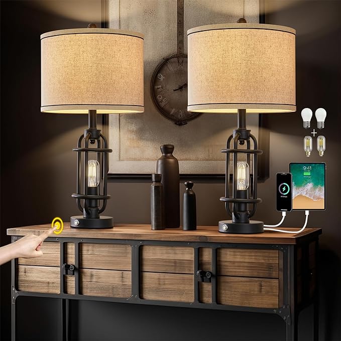 Industrial Black Metal Table Lamps Living Room 23.75'' Lamp for Nightstand Set of 2 Bedside End Lamp Home Decor Touch Lamp Modern Lamps with USB Ports - LeafyLoom