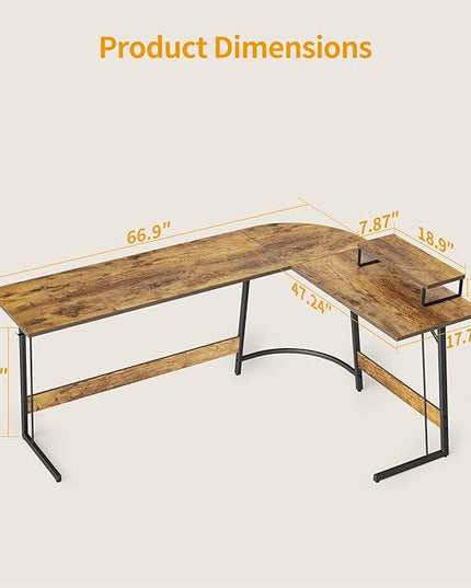 BANTI L Shaped Gaming Computer Office Desk, 67" Corner Desk with Monitor Stand for Home Office Study Writing Workstation, Rustic Brown - LeafyLoom