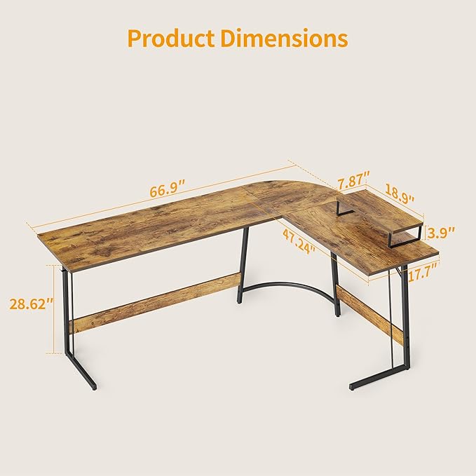 BANTI L Shaped Gaming Computer Office Desk, 67" Corner Desk with Monitor Stand for Home Office Study Writing Workstation, Rustic Brown - LeafyLoom