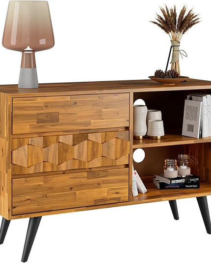 Bme 45 Inch Solid Wood TV Stand and Geometric Pattern 2 Drawer Console Table Bundle for Living Room and Entryway, Teak Brown - LeafyLoom
