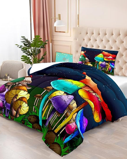Mushroom Twin Comforter Set for Boys Cartoon Colorful Mushroom Bedding Set Night Sky Mushroom Comforter Set for Boys Bedroom All-Season Breathable Cute Mushroom Quilt with Pillowcase - LeafyLoom