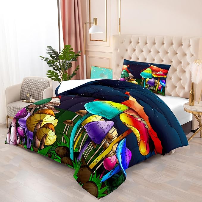 Mushroom Twin Comforter Set for Boys Cartoon Colorful Mushroom Bedding Set Night Sky Mushroom Comforter Set for Boys Bedroom All-Season Breathable Cute Mushroom Quilt with Pillowcase - LeafyLoom