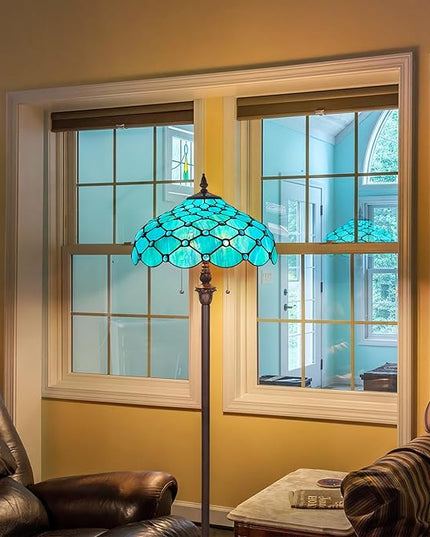 Capulina Tiffany Floor Lamp 2-Light 16X16X63 Inches Seagrass Blue Beads Style Stained Glass Standing Reading Light for Living Room Bedroom Home Office - LeafyLoom