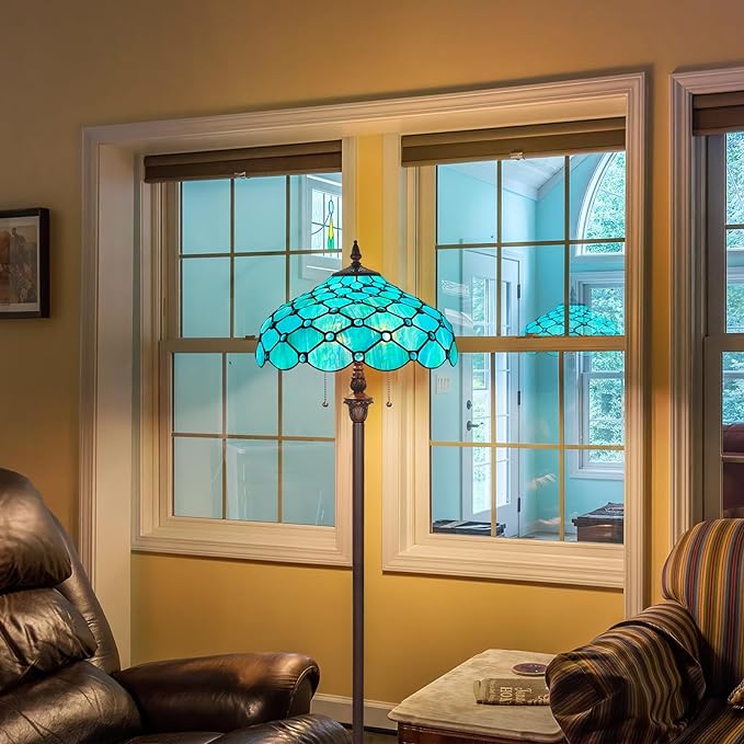 Capulina Tiffany Floor Lamp 2-Light 16X16X63 Inches Seagrass Blue Beads Style Stained Glass Standing Reading Light for Living Room Bedroom Home Office - LeafyLoom