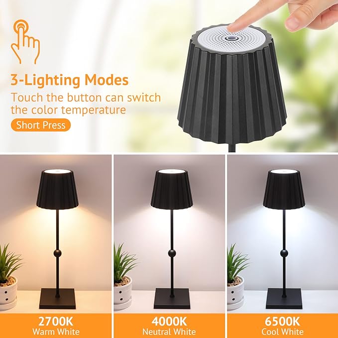 GGOYING Cordless Table Lamp,5200mAh Battery Operated Rechargeable LED Desk Lamp 3 Color Stepless Dimming, Minimalist Portable Night Light(Black) - LeafyLoom