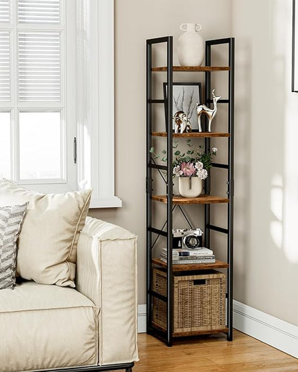 NUMENN 5 Tier Slim Bookshelf, Tall Bookcase Shelf Storage Organizer, Modern Book Shelf for Bedroom, Living Room and Home Office, Vintage - LeafyLoom