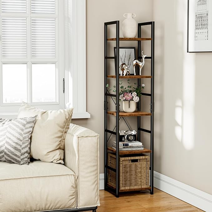 NUMENN 5 Tier Slim Bookshelf, Tall Bookcase Shelf Storage Organizer, Modern Book Shelf for Bedroom, Living Room and Home Office, Vintage - LeafyLoom