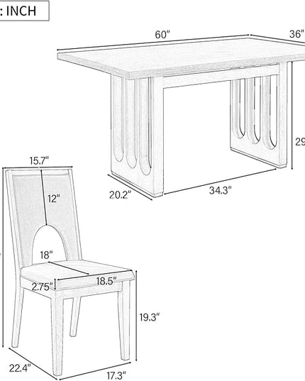 Wood 7-Piece Dining Set for 6, Wooden Rectangular Table and Six Upholstered Chairs for Dinette Room and Kitchen, Grey, 60" L x 36" W x 30" H, Gray+Beige - LeafyLoom