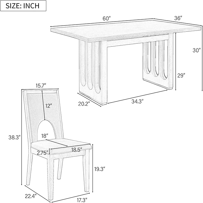 Wood 7-Piece Dining Set for 6, Wooden Rectangular Table and Six Upholstered Chairs for Dinette Room and Kitchen, Grey, 60" L x 36" W x 30" H, Gray+Beige - LeafyLoom