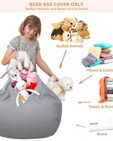 Aubliss Stuffed Animal Storage Bean Bag Chair Cover (No Beans)，Stuff and Sit Storage Bean Bag for Kids Toy Storage，Medium 32"-Canvas Solid Grey - LeafyLoom