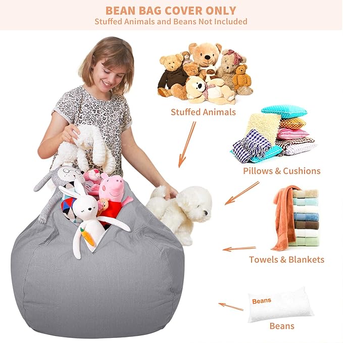 Aubliss Stuffed Animal Storage Bean Bag Chair Cover (No Beans)，Stuff and Sit Storage Bean Bag for Kids Toy Storage，Medium 32"-Canvas Solid Grey - LeafyLoom