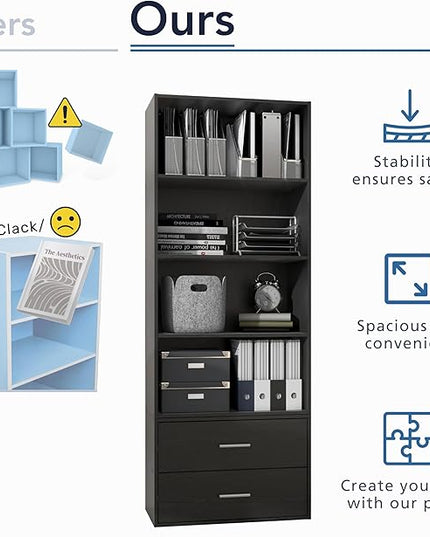 Apexa Stackable Wood Bookcase with Doors, Cube Storage Organizer Shelves, Small Food Pantry, Dorm Teen Room Decor & Bedroom, Home Office, Kitchen, 3-Tier Cabinet, Black - LeafyLoom